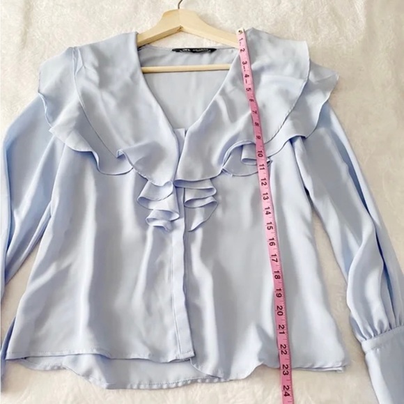 Zara Blue Elegant Ruffle Neckline and Tied Cuff Blouse - Picture 7 of 10
